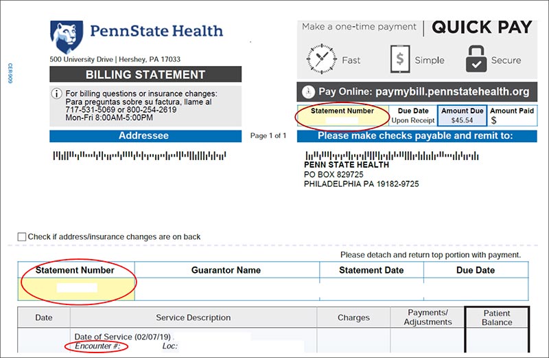 Image of Penn State Health billing statement with the statement number and encounter number sections circled for emphasis.