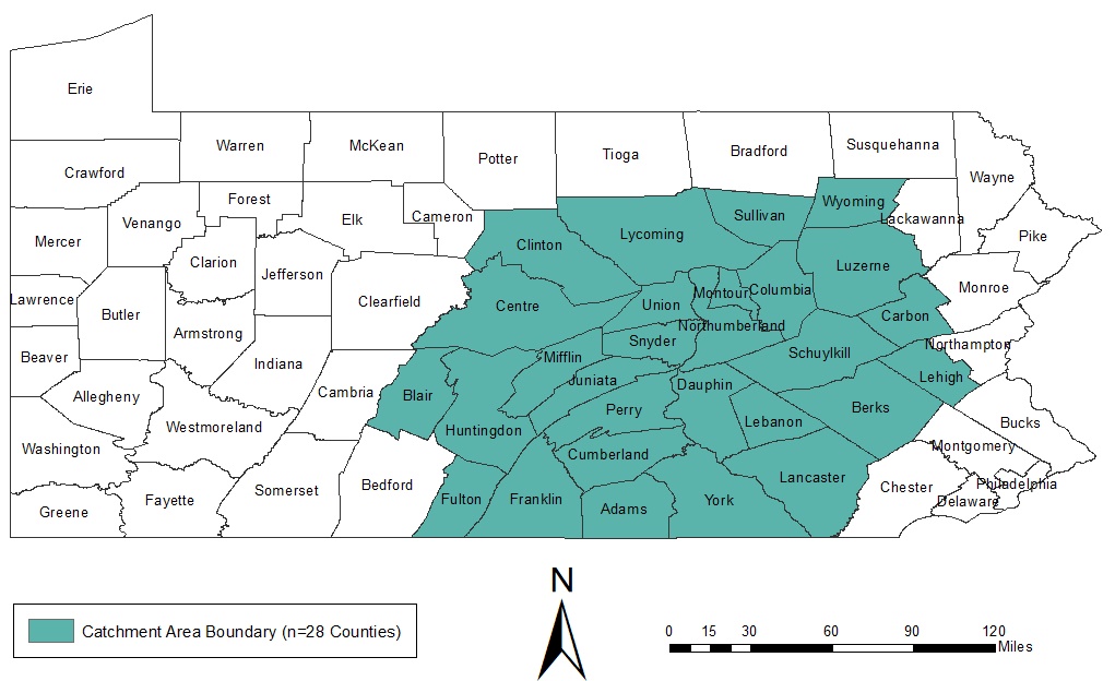 The Penn State Cancer Institute 28-county catchment area is depicted on a map of the state of Pennsylvania. All 67 of Pennsylvania's counties are outlined. The five clinically competitive counties - Dauphin, Lebanon, Berks, Lancaster and Cumberland - are toward the southcentral/southeastern part of the state and are marked in one color. Another 10 counties surrounding them to the south, west and north are considered the referral area and are marked in another color. Finally, an additional 13 counties that comprise the rest of the catchment area, mostly to the north of the clinically competitive and referral counties, are added and the whole 28-county area is outlined in a heavy rule. The rest of the counties are uncolored and un-outlined.